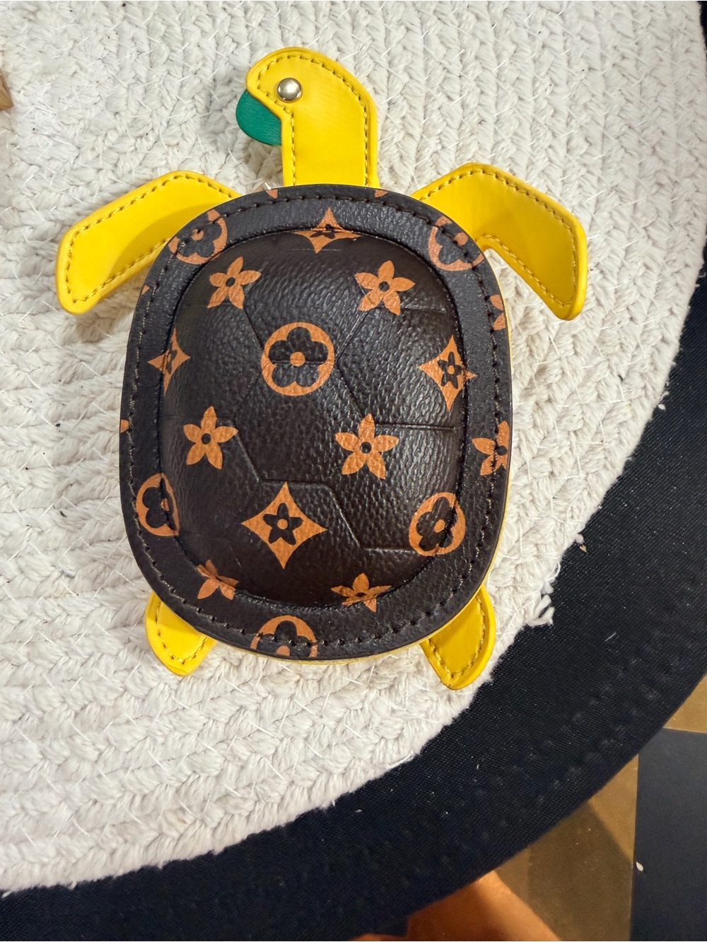 Yellow Turtle Key & Card Holder with Brown Pom Pom